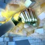 A metallic fist breaking through a brick wall. Digital illustration.
