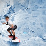 Confident surfer riding the barrel of documents wave